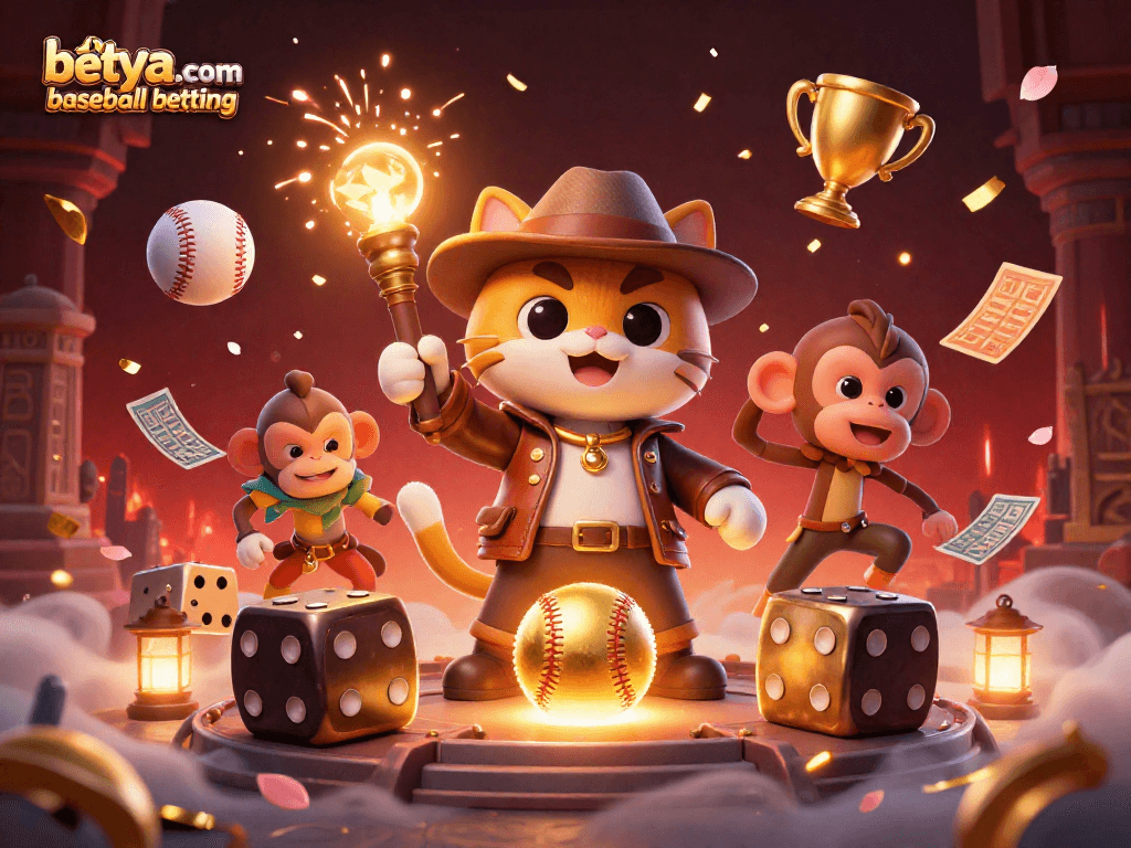 Engage in betya.com baseball betting with key features like trophies, betting slips, and festive fireworks.