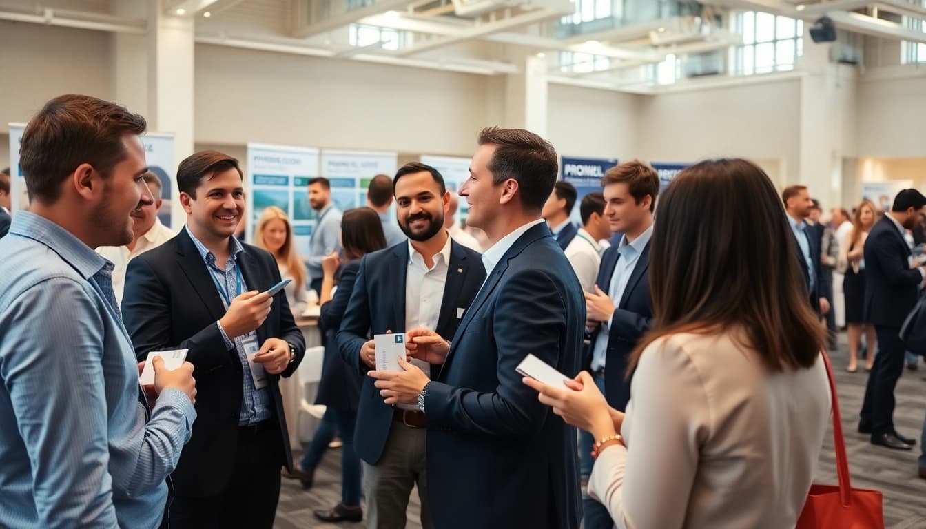 Engaged professionals discussing construction networking at a lively conference event.