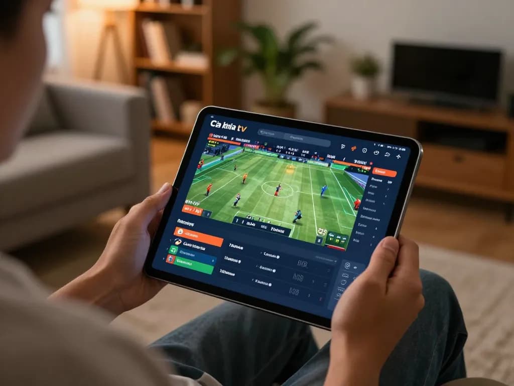 Cà khịa tv user engaging with live sports betting on a tablet in a cozy setting.
