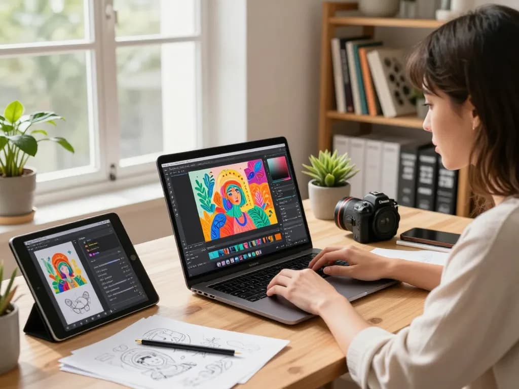Artist using nano banana 2 AI in a vibrant digital art studio, laptop displaying colorful editing tools, natural light illuminating the workspace.