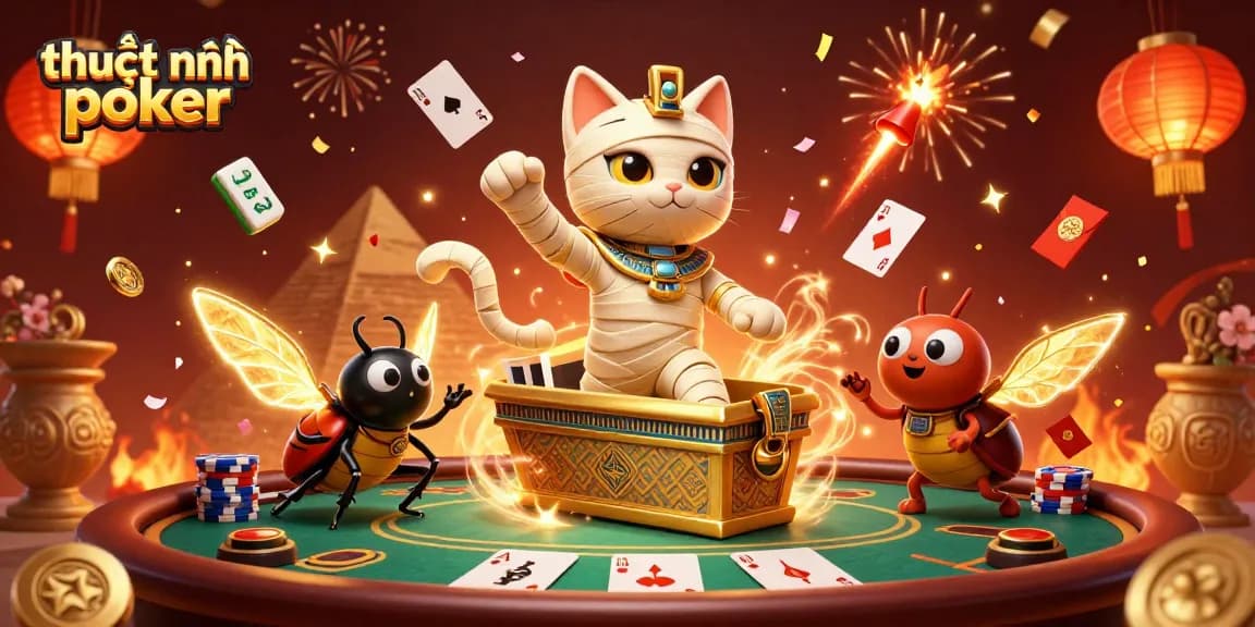 Engage with thuật ngữ poker through a vibrant casino scene featuring a mummy cat and poker elements.