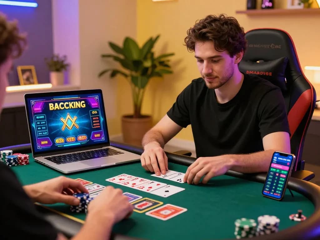 Engaged player enjoying a lively baccarat game online, showcasing a modern gaming setup with vibrant graphics.