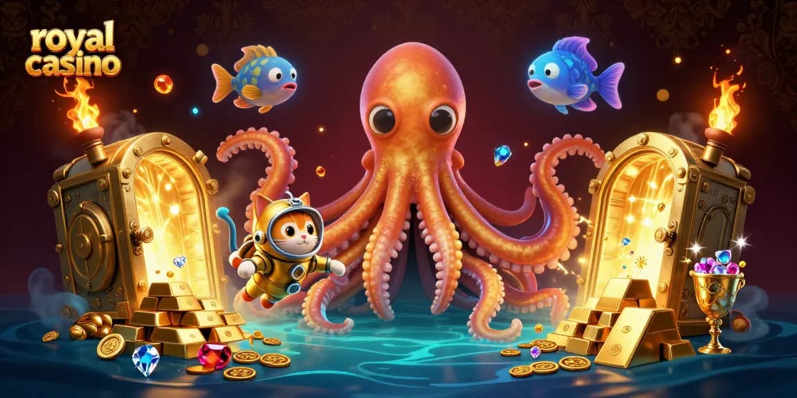 Engage with royal casino excitement as a colossal kraken and diving cat uncover treasures in a vibrant underwater scene.