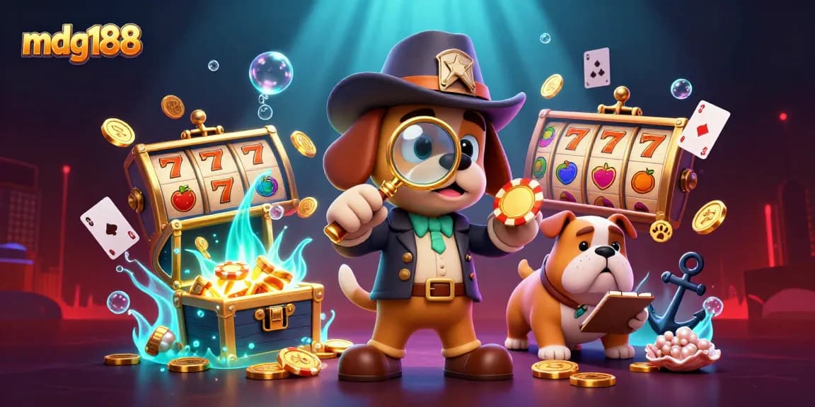 Experience winning adventures with mdg188's immersive gaming scene, packed with slot reels, golden treasures, and clues.