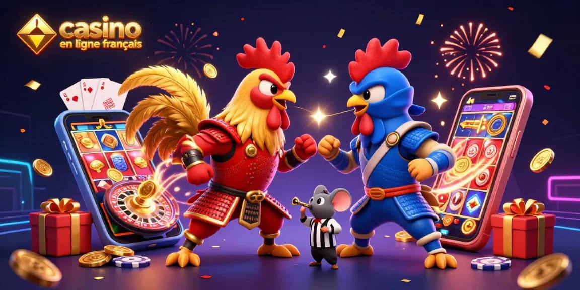 Jouez au casino en ligne français et regardez des coqs se battre dans un décor festif.