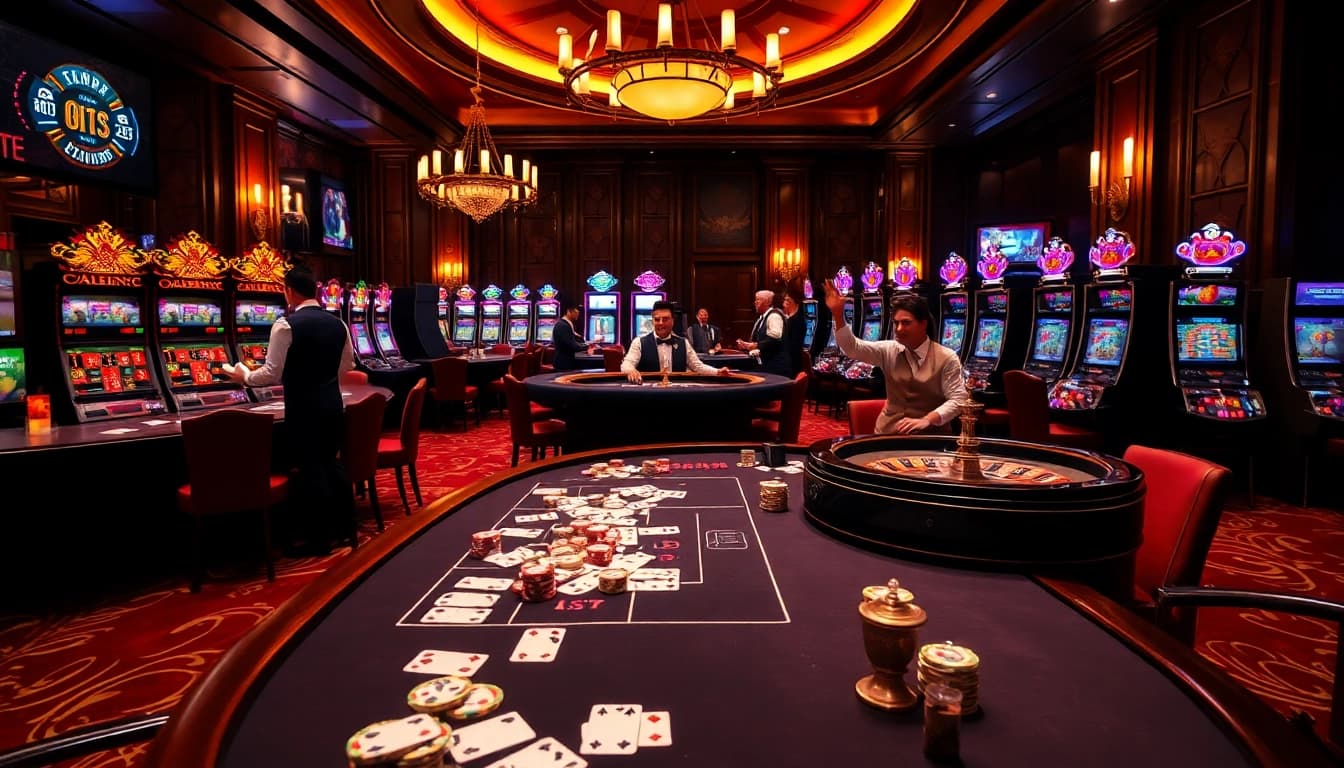 Découvrez le frisson du meilleur casino en ligne avec une élégante table de poker et des machines à sous vibrantes.
