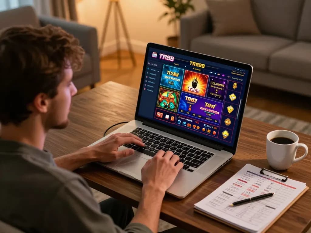 Player engaging in an exciting online TR88 casino session with dynamic game interface and cozy home setup