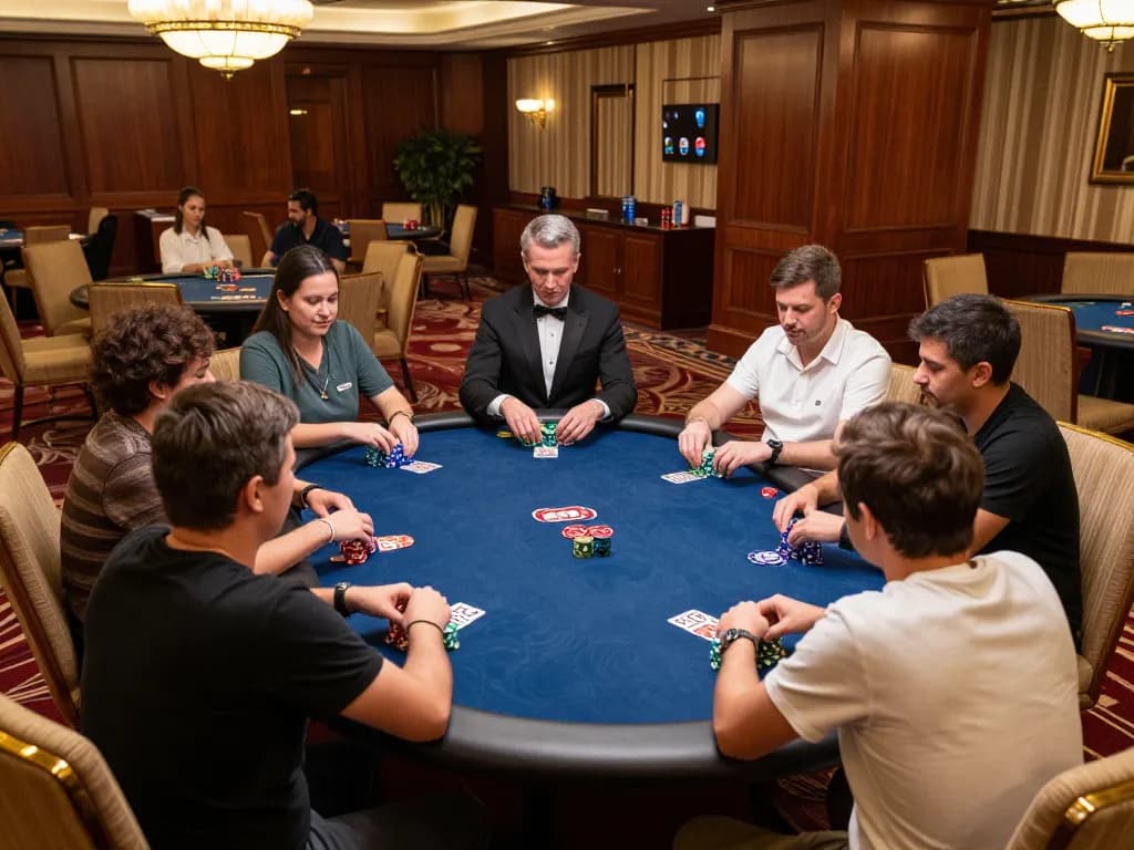 Engaged players strategizing at a winstrike69 poker table in a luxury casino setting.