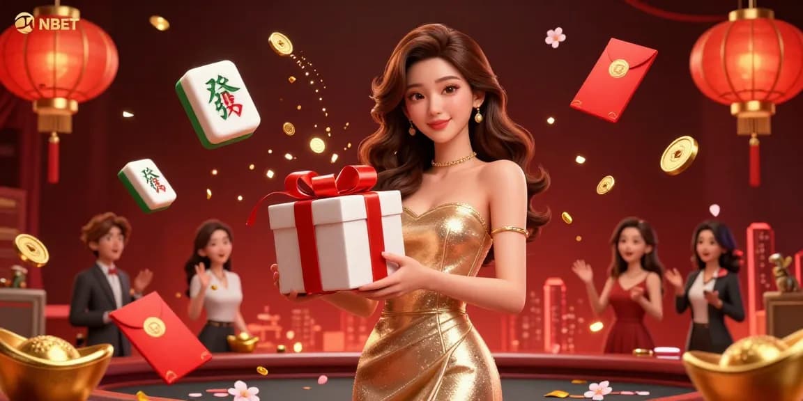 Engage with ONBET's vibrant casino scene featuring a welcoming Asian woman in a sparkling dress, celebrating with festive elements.