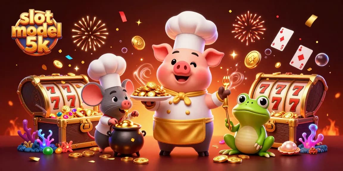 Win big with slot modal 5k in a vibrant casino scene featuring coins, lucky symbols, and engaging characters.