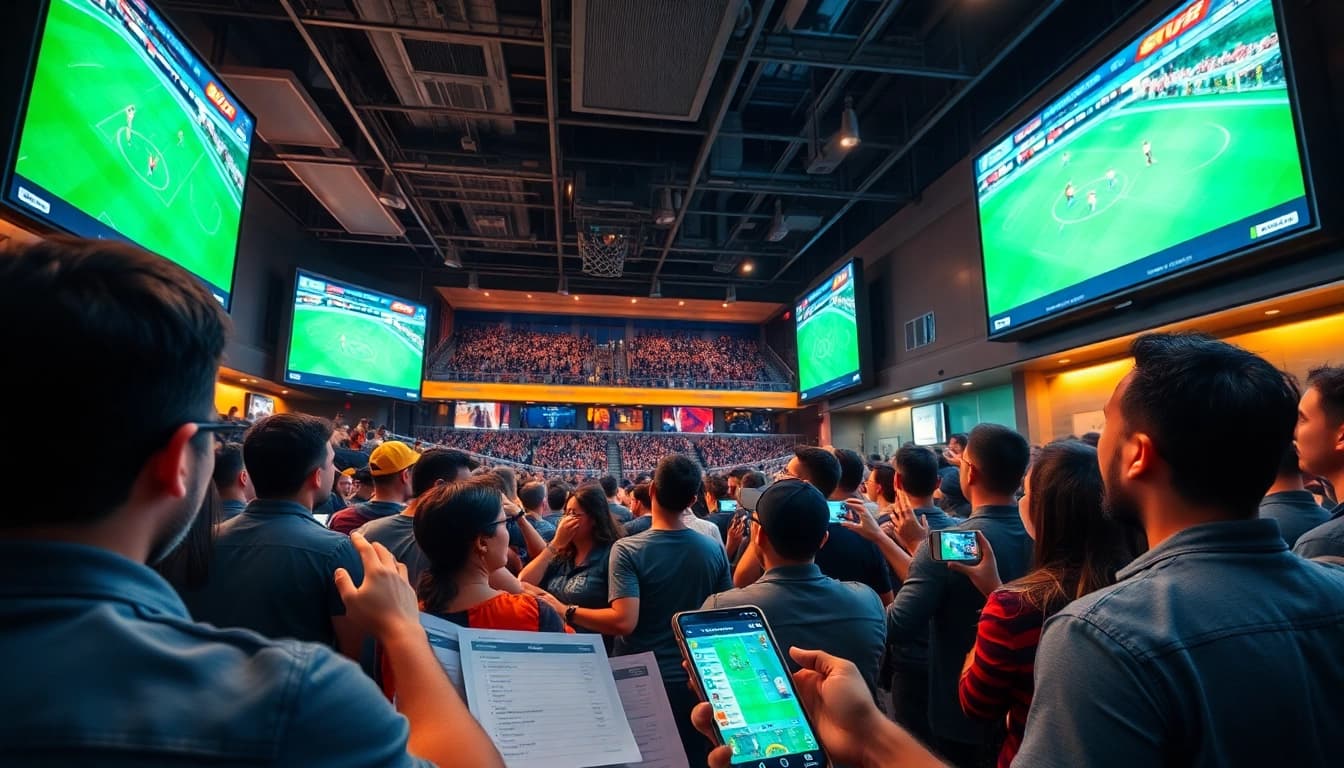 Experience the thrill of 토토스토리 in a vibrant sports betting atmosphere filled with fans and live game action.