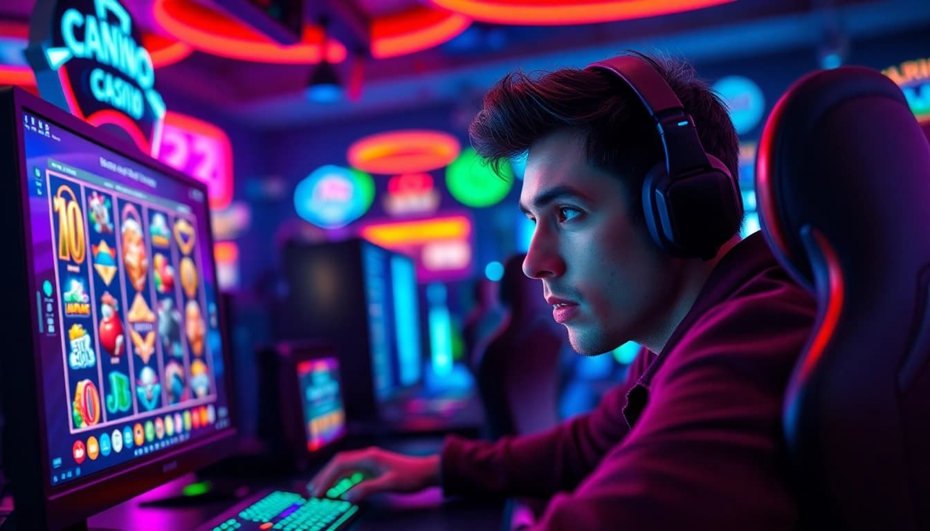 Jelajahi pengalaman mendebarkan Unogg slot game dengan pemain terfokus dan latar kasino yang cerah.
