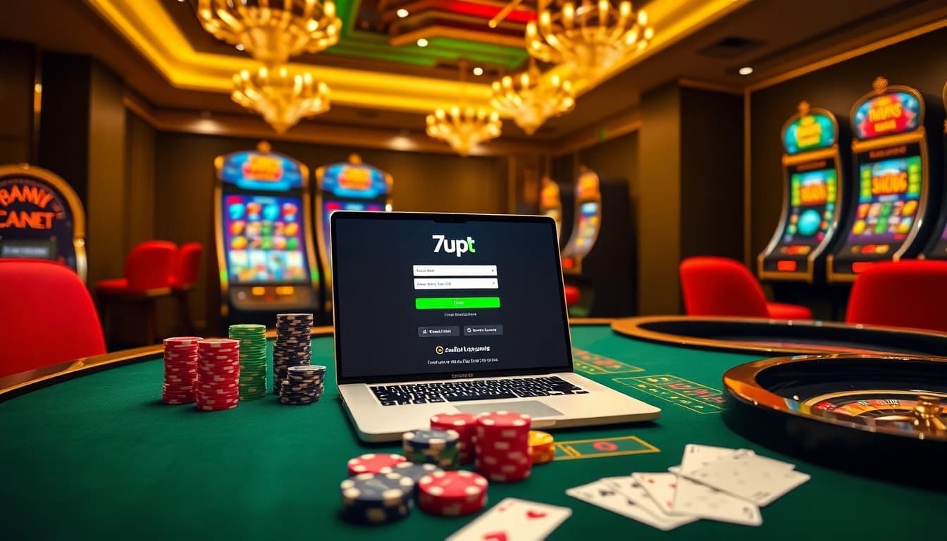 Exciting online gambling atmosphere at 7upbet with betting tables and vibrant visuals.