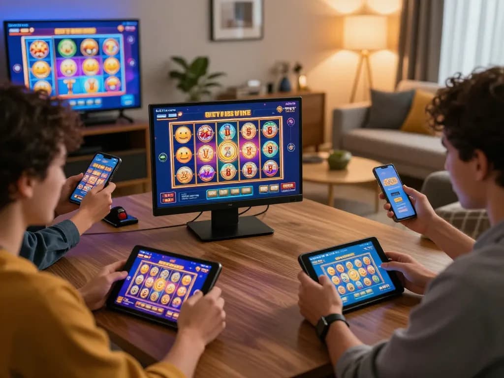 Players enjoying BUKA77 online casino games on tablets, showcasing a lively home gaming setup.