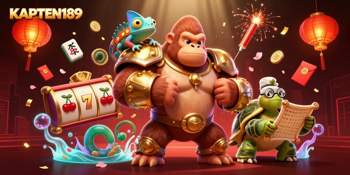 KAPTEN189 menghadirkan petualangan judi yang menarik dengan gorila raja berarmor emas dan teman chameleon yang berwarna-warni.