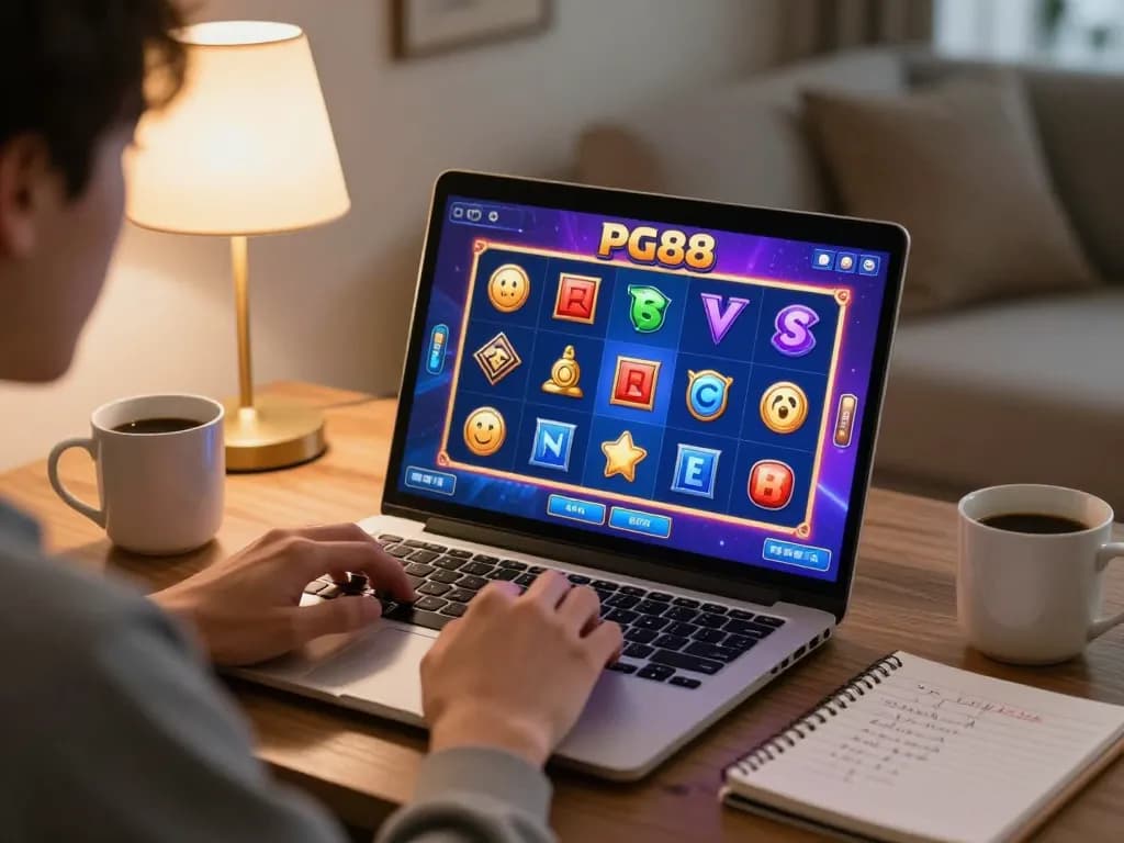 Player enjoying PG88 online slots in cozy home setting, engaging with vibrant game interface