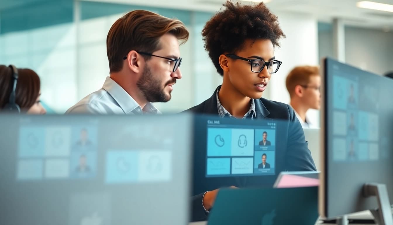 Analyze call centre software features while engaged in a team discussion.
