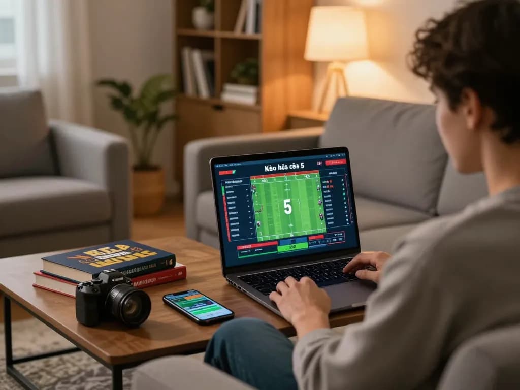 Kèo nhà cái 5 featured in an online sports betting scene showing live odds on a laptop.