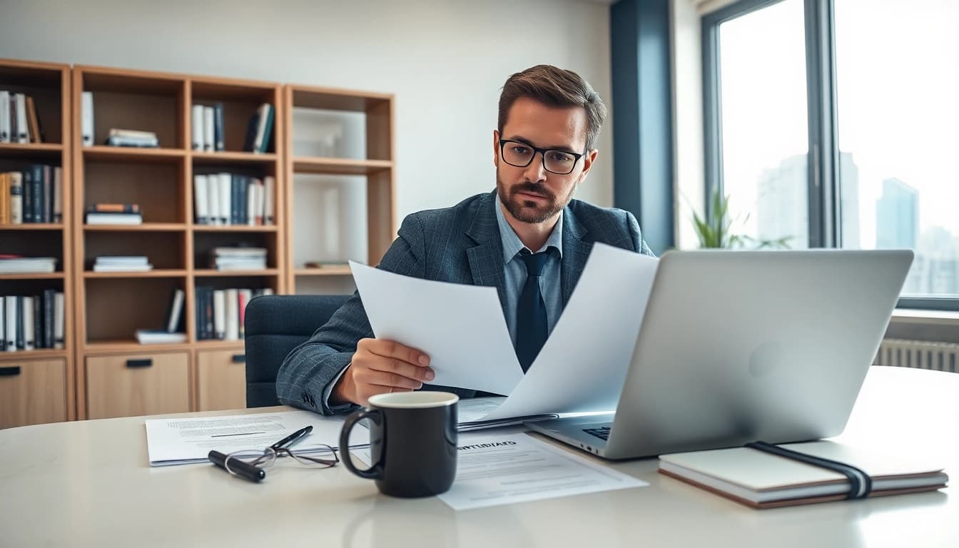 Consultant analyzing contracts and grants amidst organized paperwork and a modern office setting.