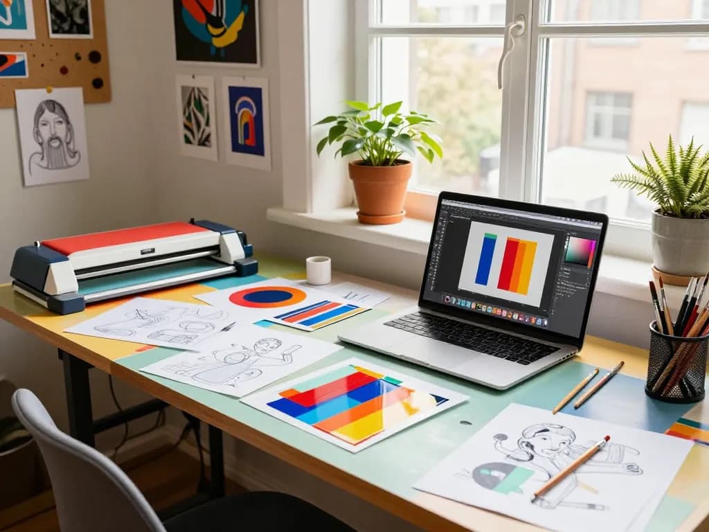 Artist designing custom acrylic stand with vibrant colors and creative tools in a bright workspace