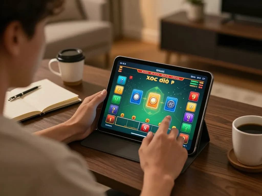 xóc đĩa online gameplay on a tablet in a cozy home setting with ambient lighting