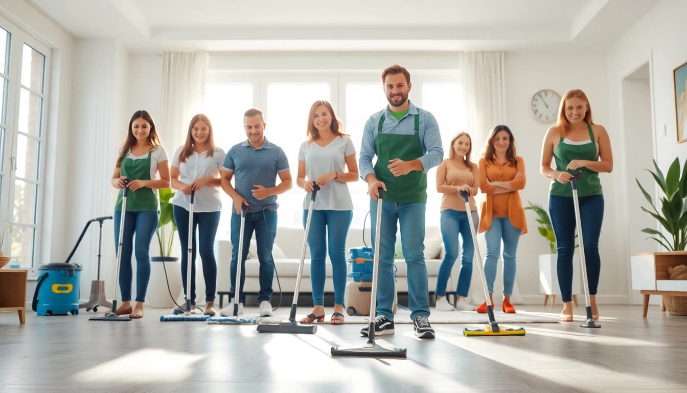 Engaged cleaning team providing cleaning services near me in a bright home setting.