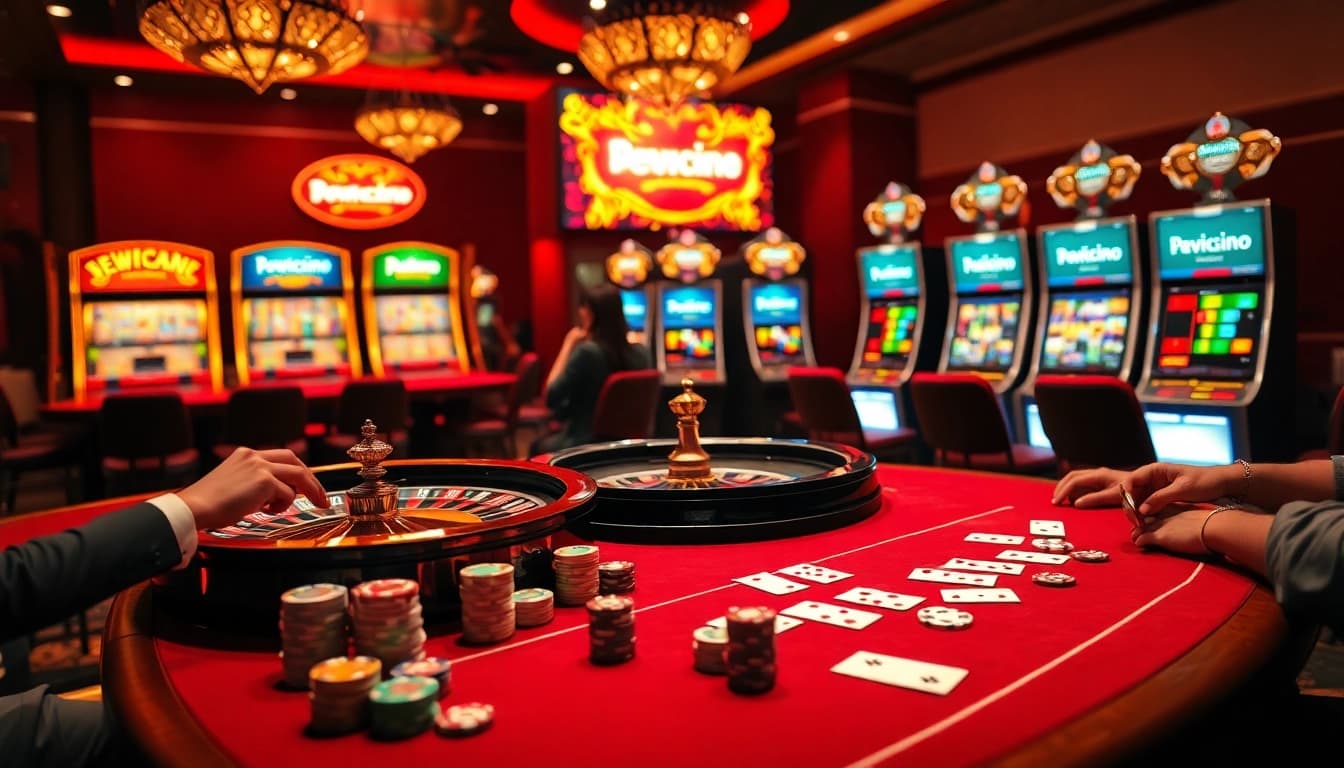 Dewacasino link alternatif highlighted at a luxurious casino table with poker chips and vibrant slot machine screens.