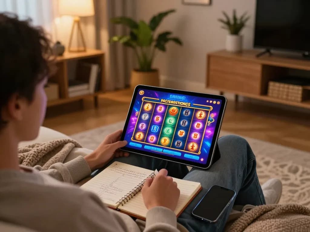 Engaging in a slot bet while enjoying the comfort of home gaming setup with tablet interface