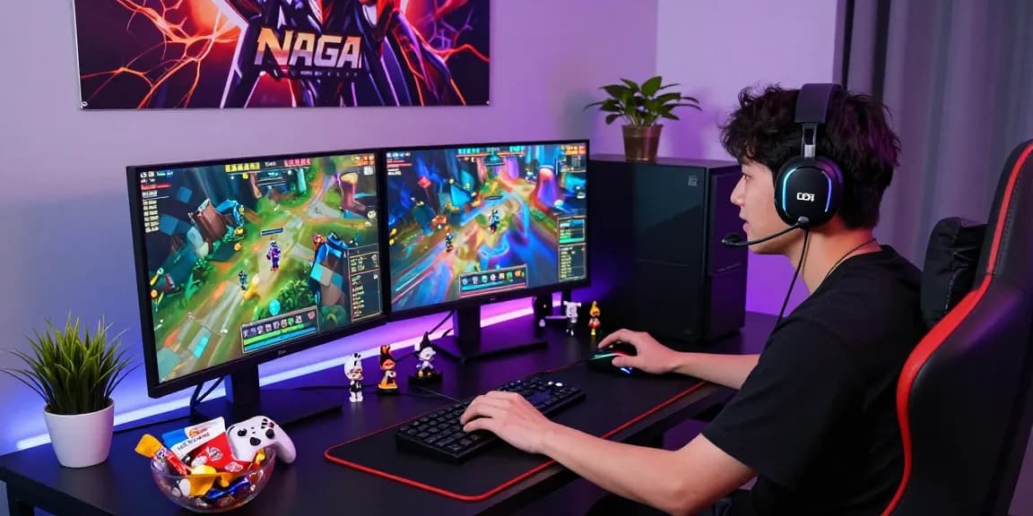 NAGA2000 vibrant gaming setup with a passionate gamer engaged in online play, showcasing colorful game graphics and cozy atmosphere