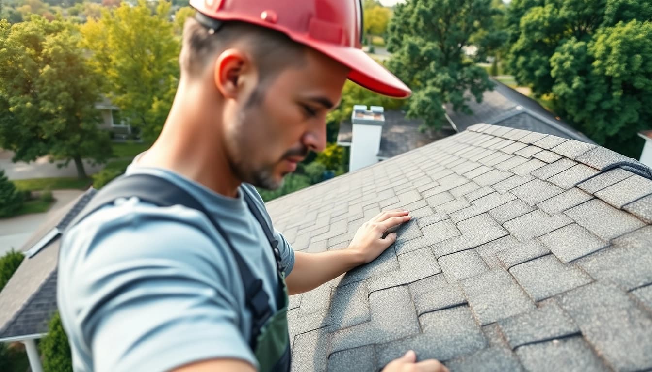 Roof repair professional assessing shingles for damage on a residential roof.