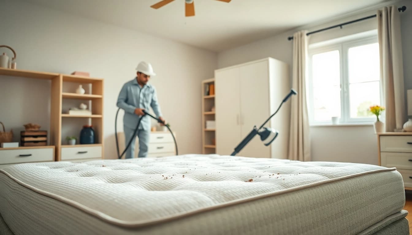 Pest control technician demonstrating effective bed bug control techniques in a clean bedroom.