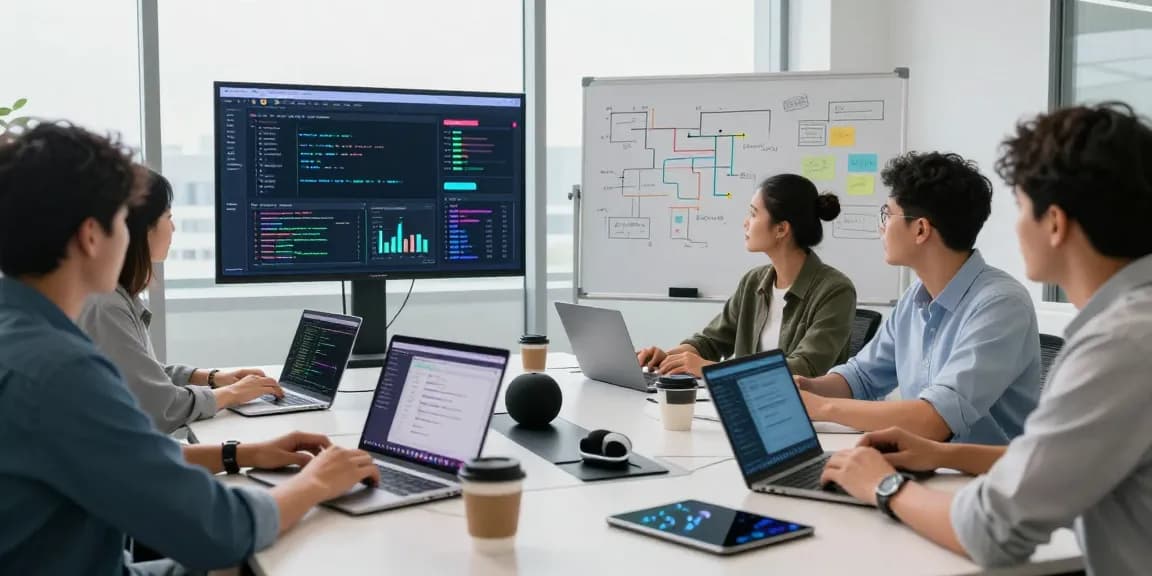 Team collaborating on API management with Waygrid in a modern workspace