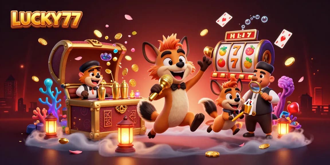 LUCKY77 hyenas entertain guests in a lively casino with gold coins and playing cards.