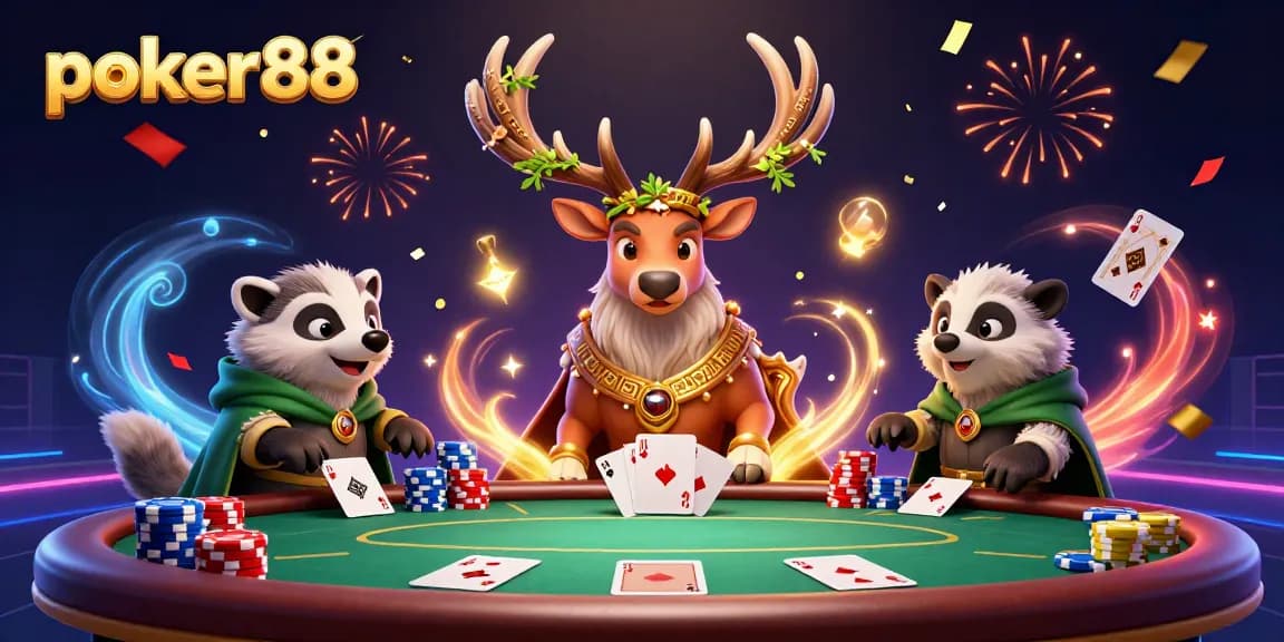 Experience thrilling poker88 action as a stag and badger compete at the poker table with vibrant chips and cards.