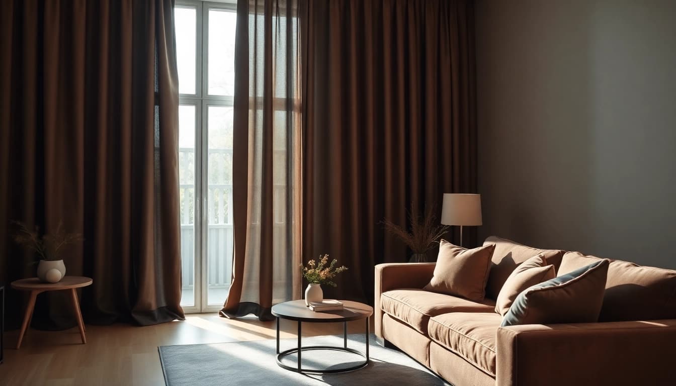 Verduisterende gordijnen creëren een gezellige sfeer in een lichte woonkamer met warme aardetinten.