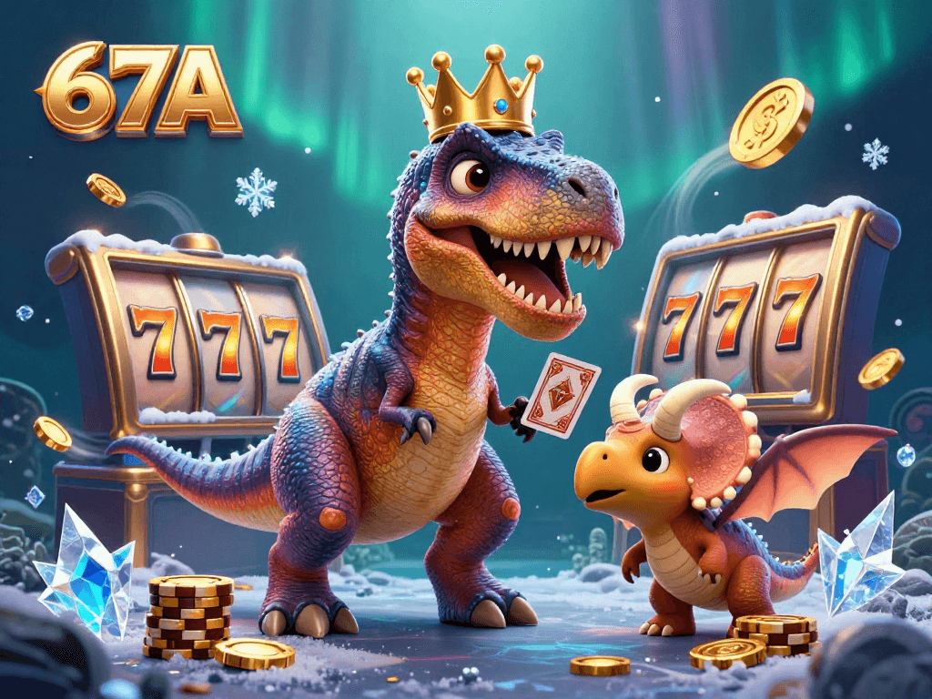 67A traz um dinossauro divertido jogando cartas em um cassino repleto de slots e fichas douradas.