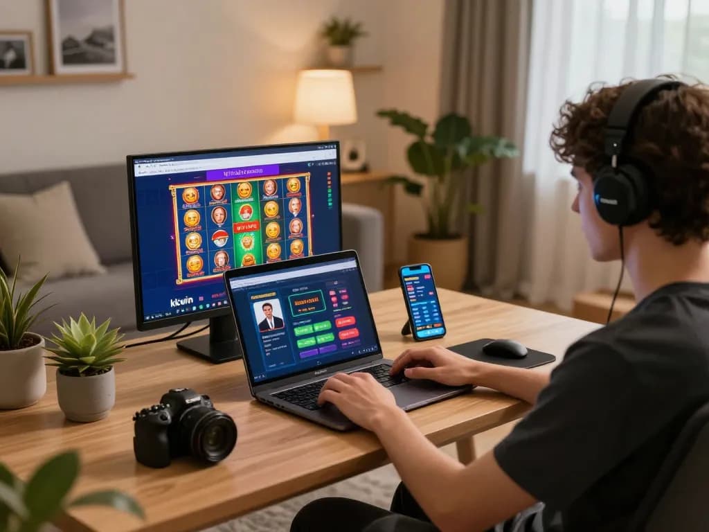 Engaged player exploring kkwin online casino app at home, illustrating modern gambling.