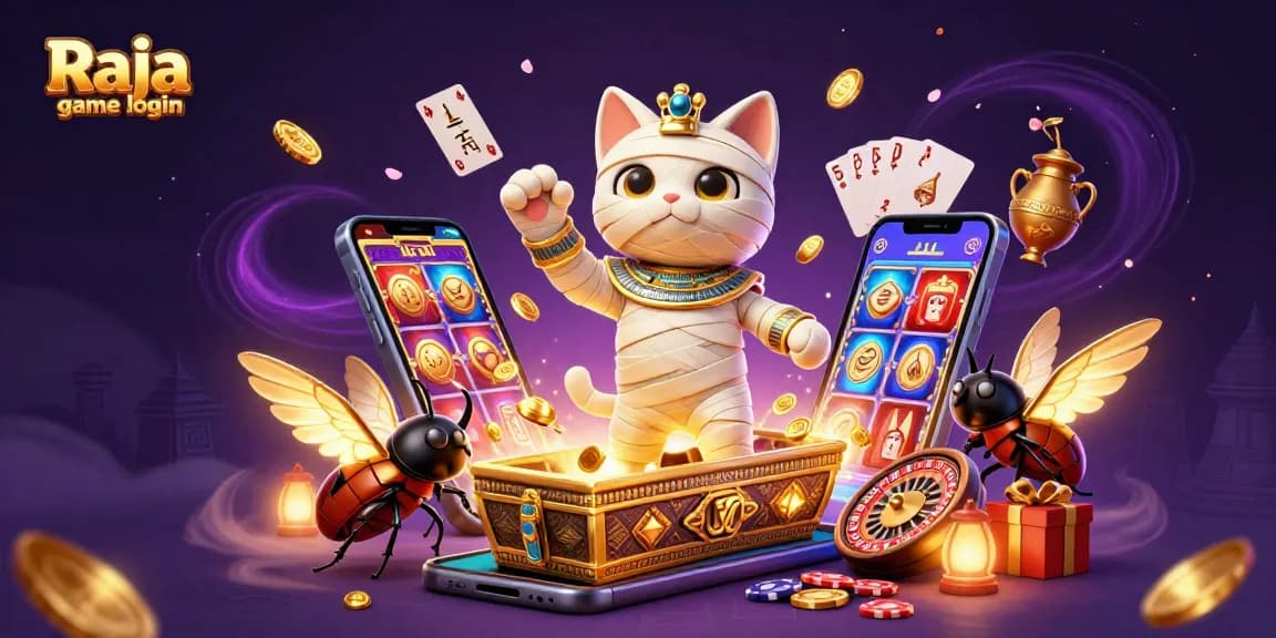 Experience the thrill of Raja game login with a vibrant pyramid casino scene featuring a mummy cat.