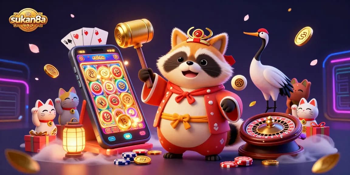 Sukan8a showcases casino excitement with a cheerful tanuki and game elements in a vibrant illustration