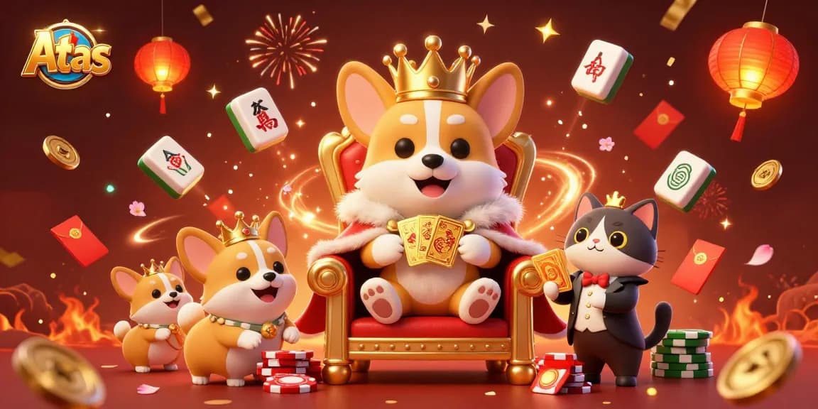 Engage with Atas Casino's vibrant ambiance featuring royal corgi, cards, and festive decorations.