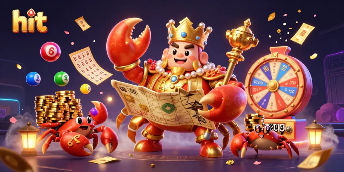 Hit vibrant golden crab emperor leading a dynamic casino scene with money rains and prize elements