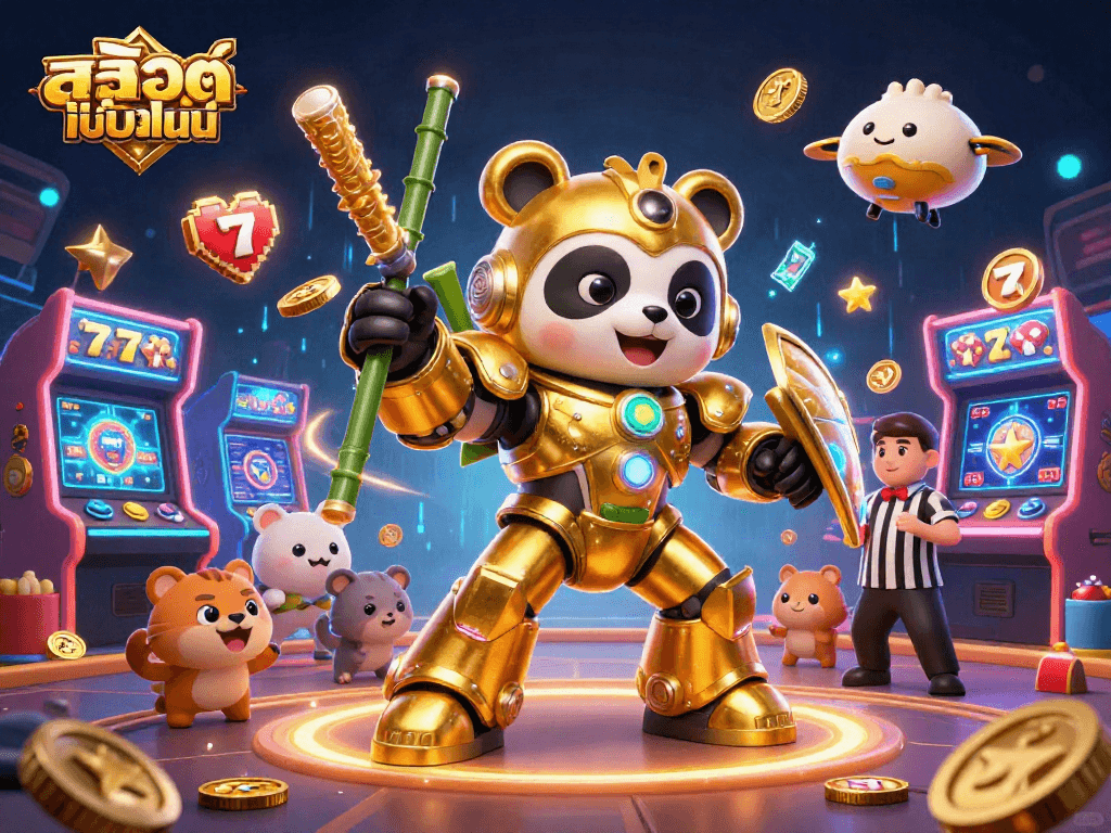 Experience the excitement of สล็อตออนไลน์ with a vibrant 3D illustration filled with game elements and a dynamic scene.