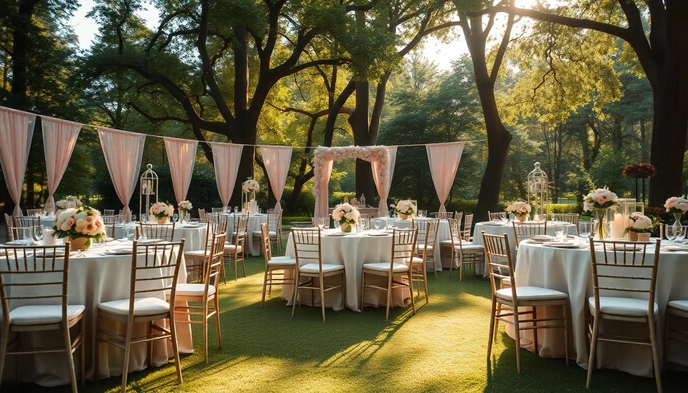 Create a stunning wedding ambiance with Wedding Rentals, featuring decorated tables and chairs.
