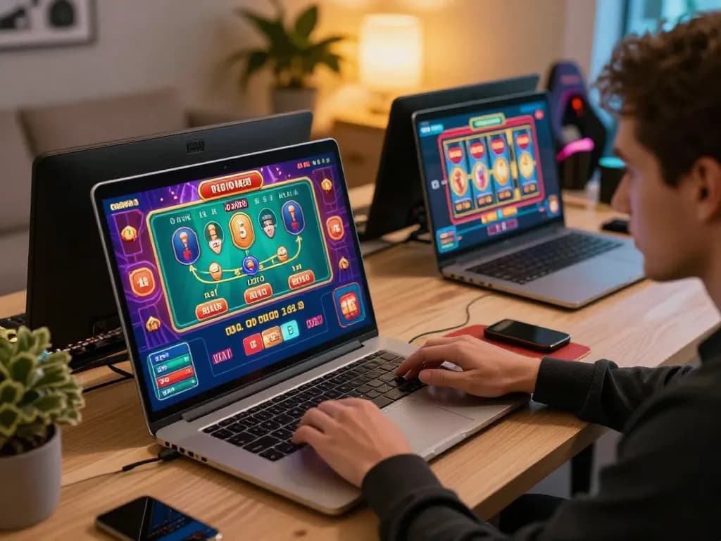 N188 platform showing an exciting online casino gameplay experience on a sleek laptop in a warm home setting.