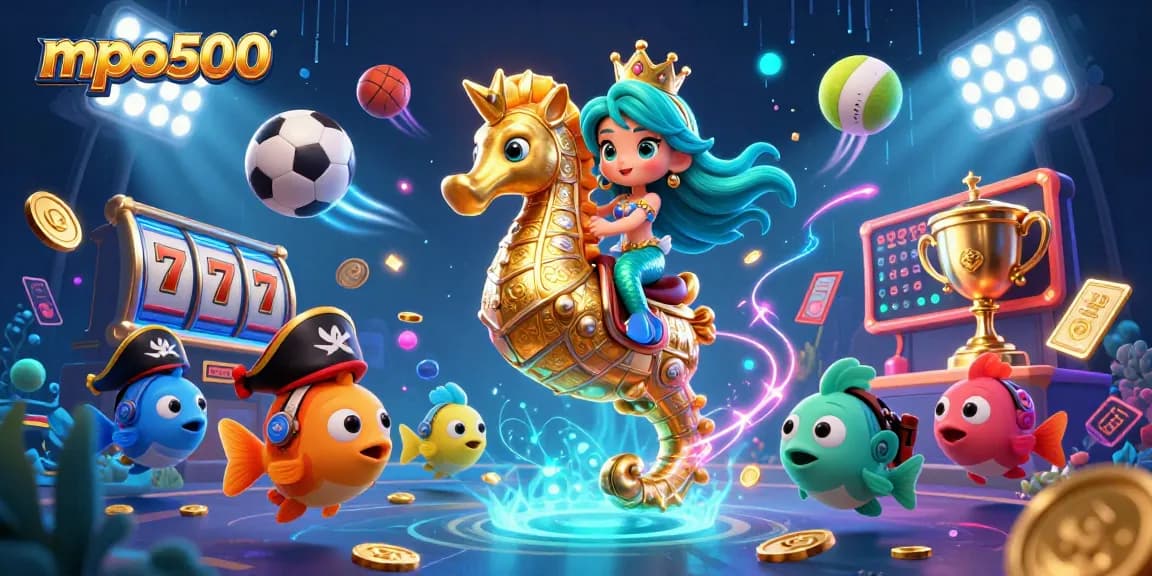 MPO500 brings excitement to the casino scene with a vibrant 3D illustration featuring a magical mermaid, her seahorse, and lively game elements.