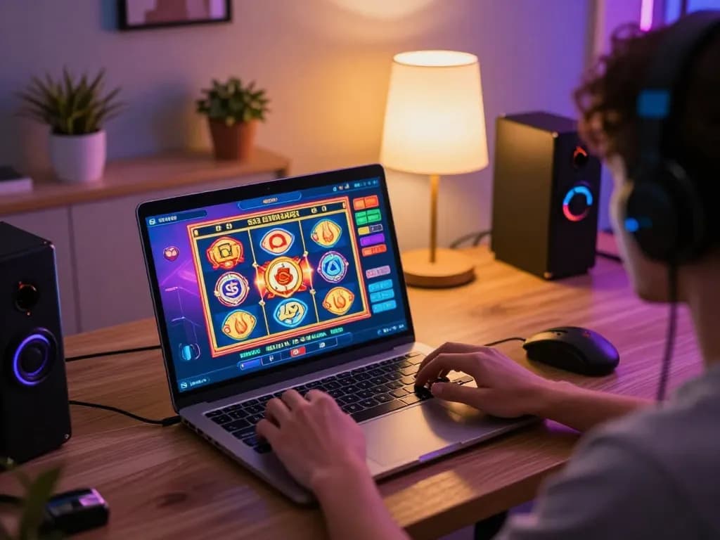 Engaged player exploring slot games on LC88 from a modern home setup, illustrating online gambling excitement.