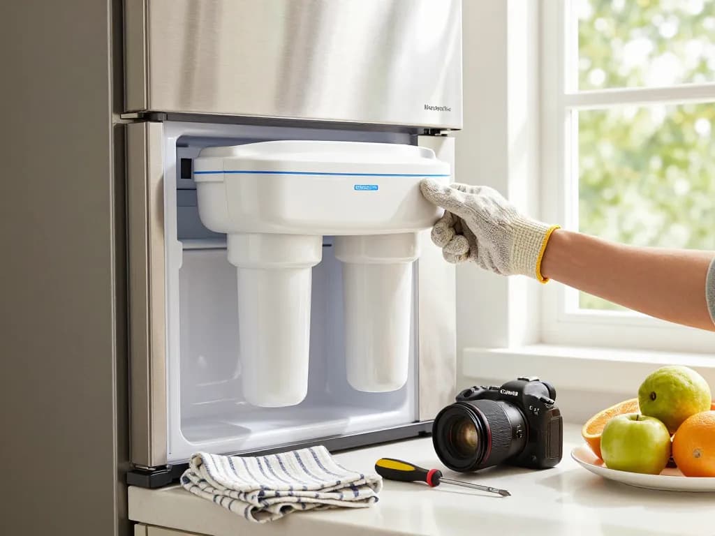 Installing Waterdrop Plus UKF7003 Replacement for Maytag® UKF7003 water filter in a modern kitchen for clean water.