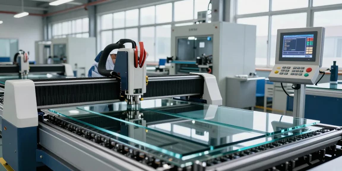 Operator using a cutting machine glass in a modern manufacturing facility with advanced technology.