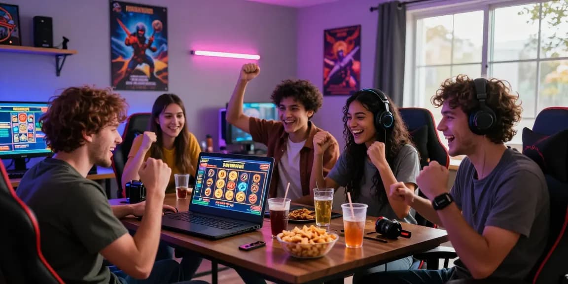 Exciting gaming moment with friends at a slot depo 1000 online event, showcasing enthusiasm, snacks, and gaming decor.