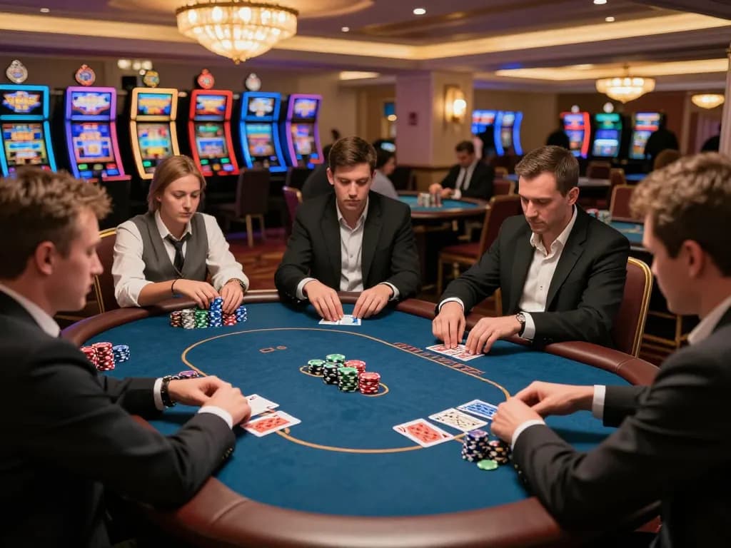 3win players engaging in a strategic poker game on a luxurious casino floor.